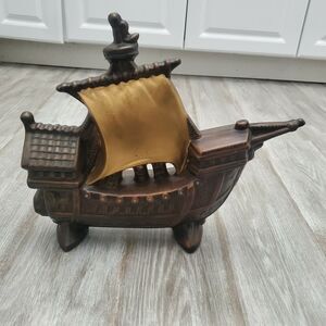 Signed Vintage 1970 Ceramic Boat Ship Sailboat Schooner Nautical Rustic Decor